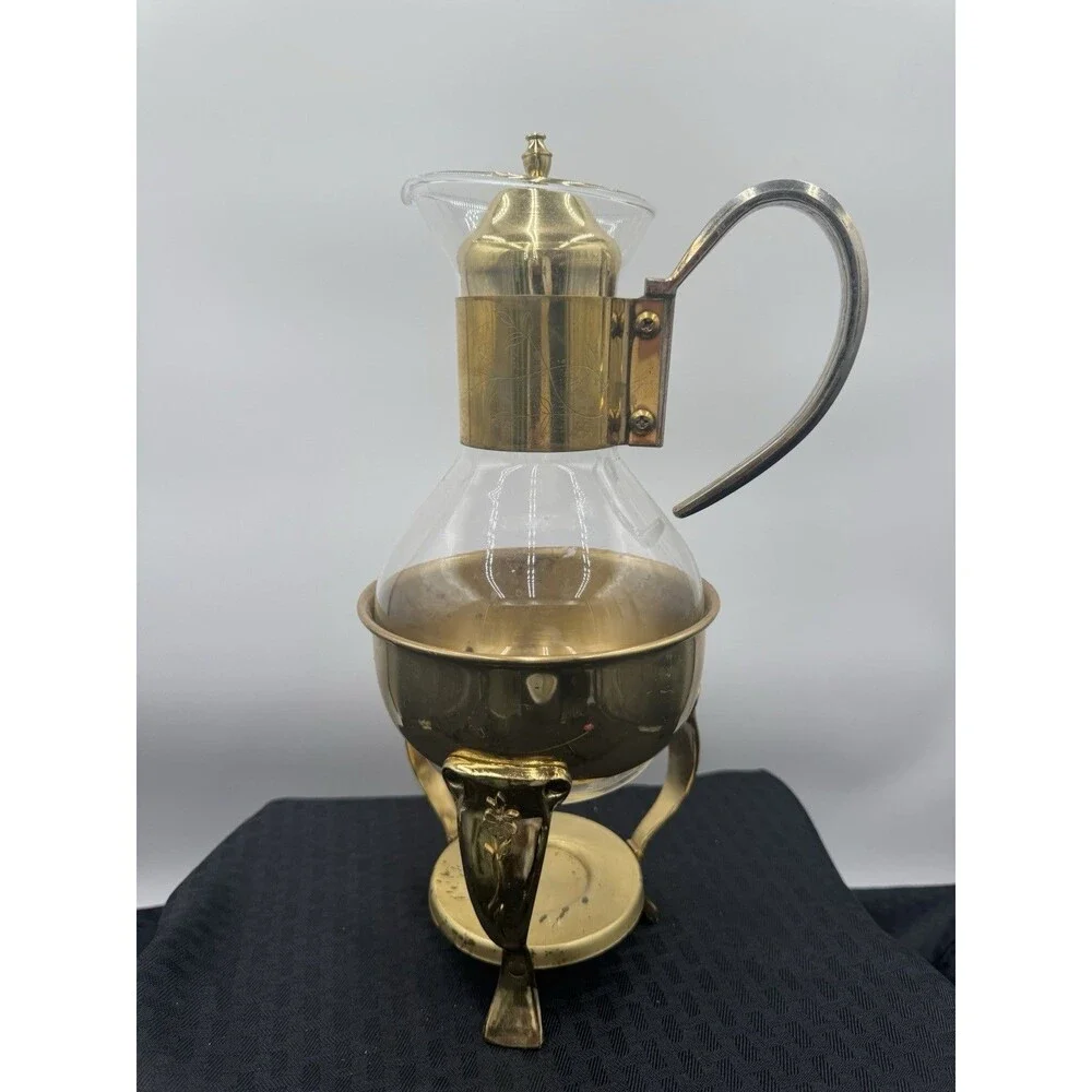 Vintage Princess House Heritage Crystal & BrassCoffee Tea Pot Carafe Warmer